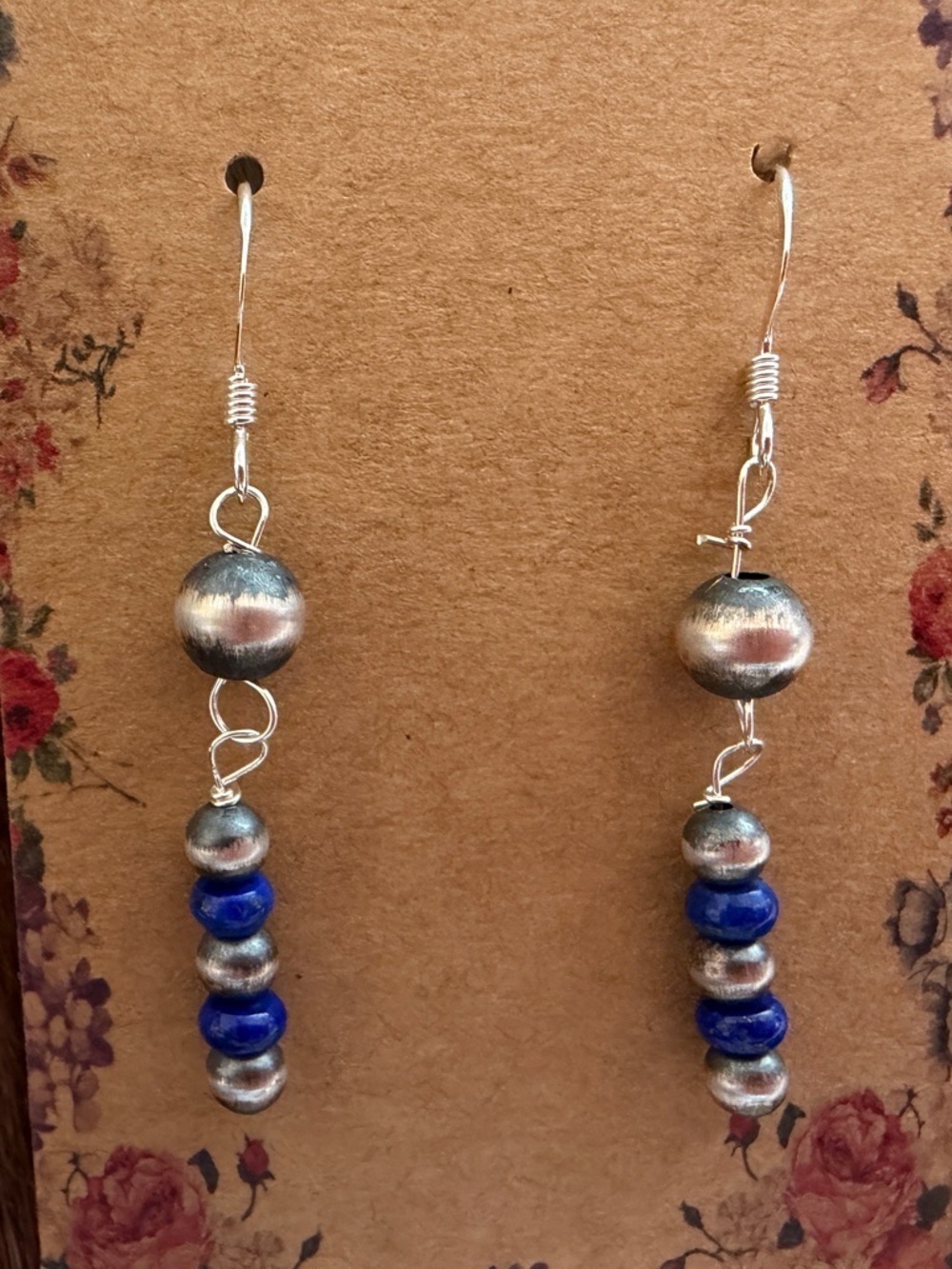 ❤️ Native Artisan Lapis Luzuli Navajo Desert Pearls Sterling Dangle Earrings USA